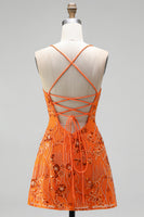 Load image into Gallery viewer, Orange Beaded Sparkly Spaghetti Straps Floral Short Cocktail Dress