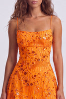 Load image into Gallery viewer, Orange Beaded Sparkly Spaghetti Straps Floral Short Cocktail Dress