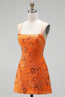 Load image into Gallery viewer, Orange Beaded Sparkly Spaghetti Straps Floral Short Cocktail Dress