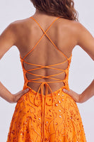 Load image into Gallery viewer, Orange Beaded Sparkly Spaghetti Straps Floral Short Cocktail Dress