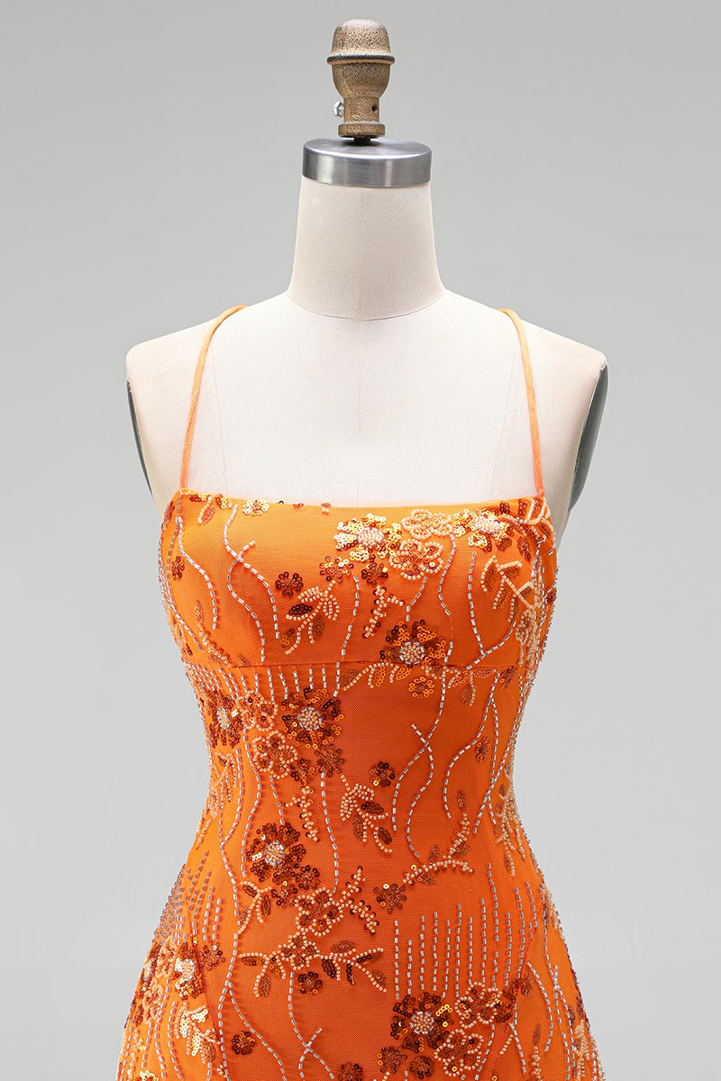 Load image into Gallery viewer, Orange Beaded Sparkly Spaghetti Straps Floral Short Cocktail Dress