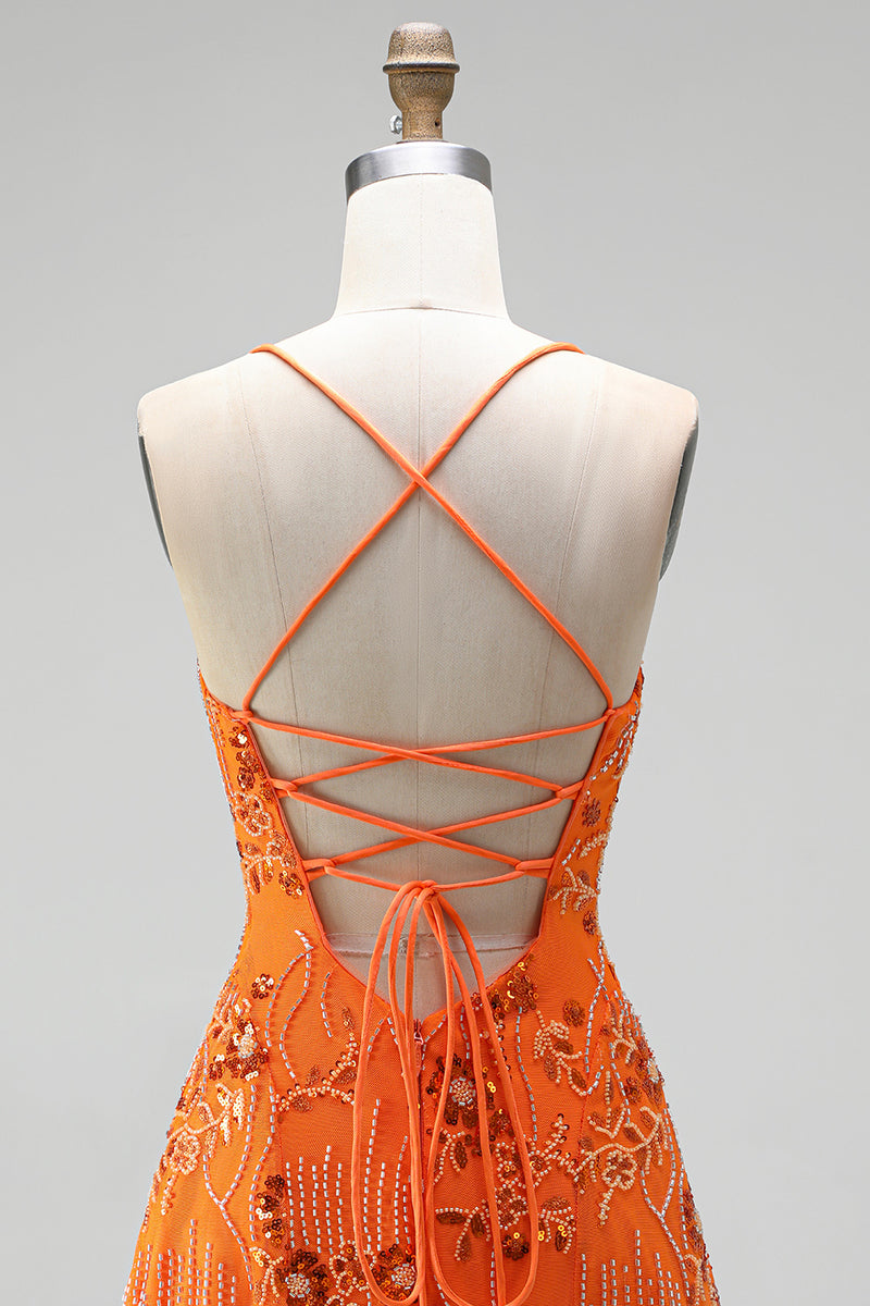 Load image into Gallery viewer, Orange Beaded Sparkly Spaghetti Straps Floral Short Cocktail Dress