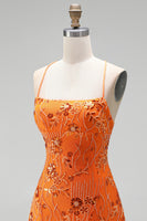 Load image into Gallery viewer, Orange Beaded Sparkly Spaghetti Straps Floral Short Cocktail Dress