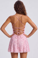 Load image into Gallery viewer, Orange Beaded Sparkly Spaghetti Straps Floral Short Cocktail Dress