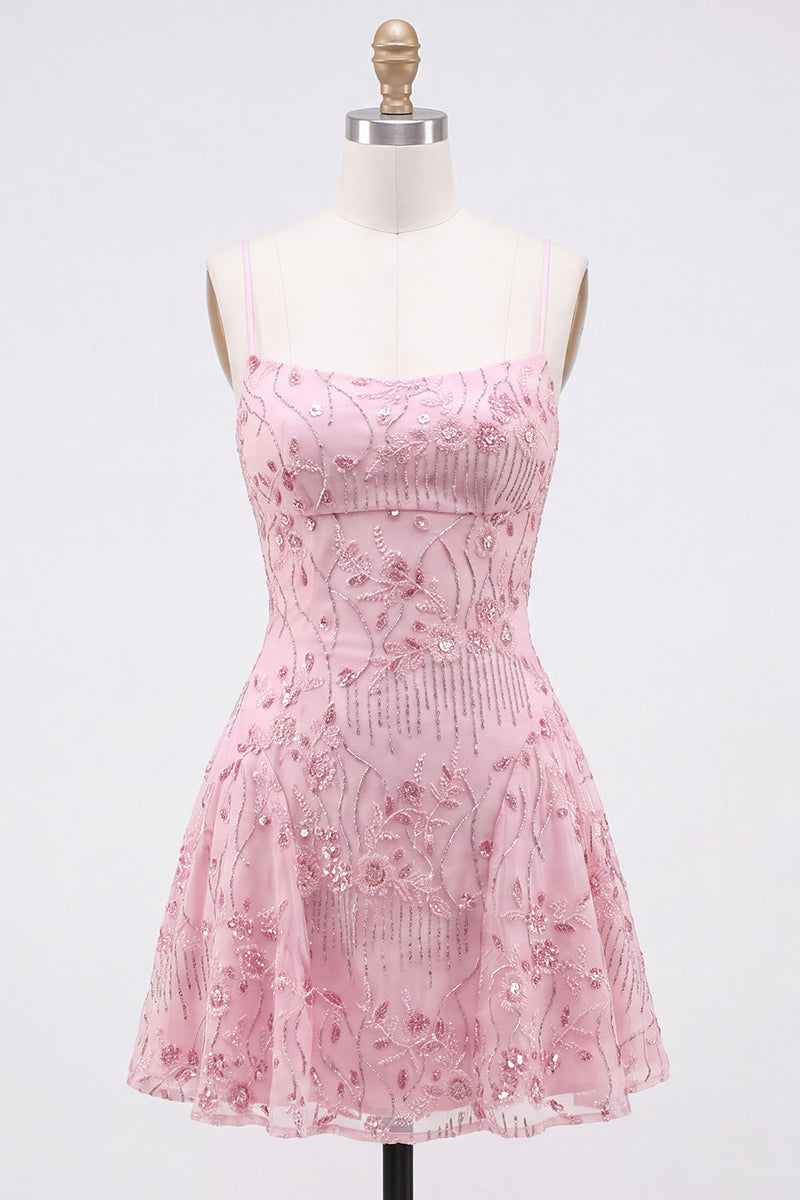 Load image into Gallery viewer, Orange Beaded Sparkly Spaghetti Straps Floral Short Cocktail Dress