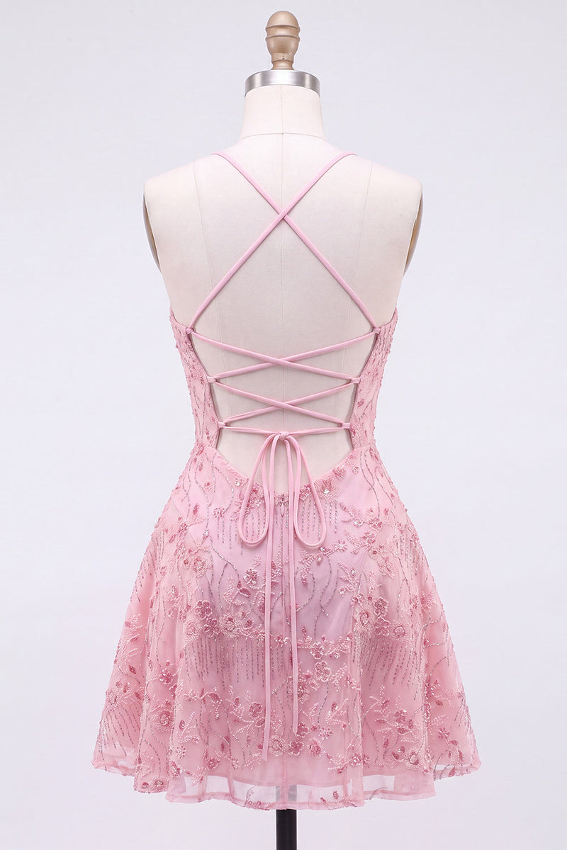 Load image into Gallery viewer, Orange Beaded Sparkly Spaghetti Straps Floral Short Cocktail Dress