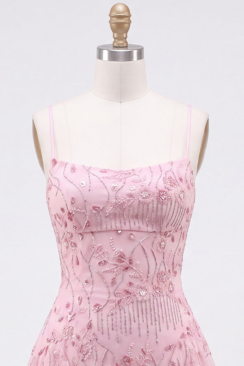 Load image into Gallery viewer, Orange Beaded Sparkly Spaghetti Straps Floral Short Cocktail Dress