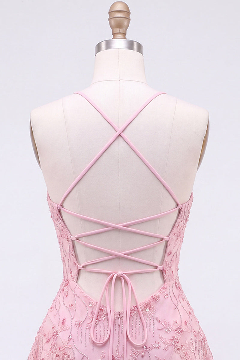 Load image into Gallery viewer, Orange Beaded Sparkly Spaghetti Straps Floral Short Cocktail Dress