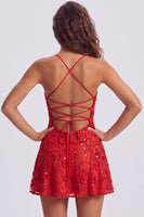 Load image into Gallery viewer, Orange Beaded Sparkly Spaghetti Straps Floral Short Cocktail Dress