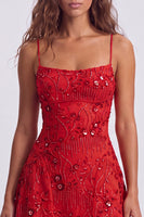 Load image into Gallery viewer, Orange Beaded Sparkly Spaghetti Straps Floral Short Cocktail Dress