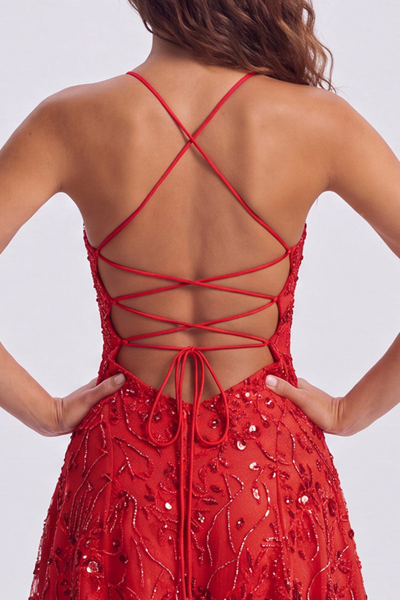 Load image into Gallery viewer, Orange Beaded Sparkly Spaghetti Straps Floral Short Cocktail Dress