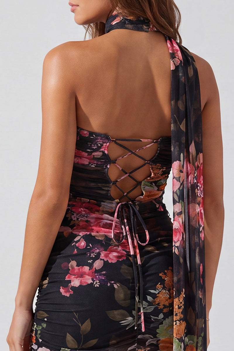 Load image into Gallery viewer, Floral Ivory Neck Scarf Strapless Tight Short Cocktail Dress