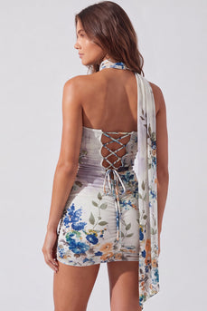Floral Ivory Neck Scarf Strapless Tight Short Cocktail Dress