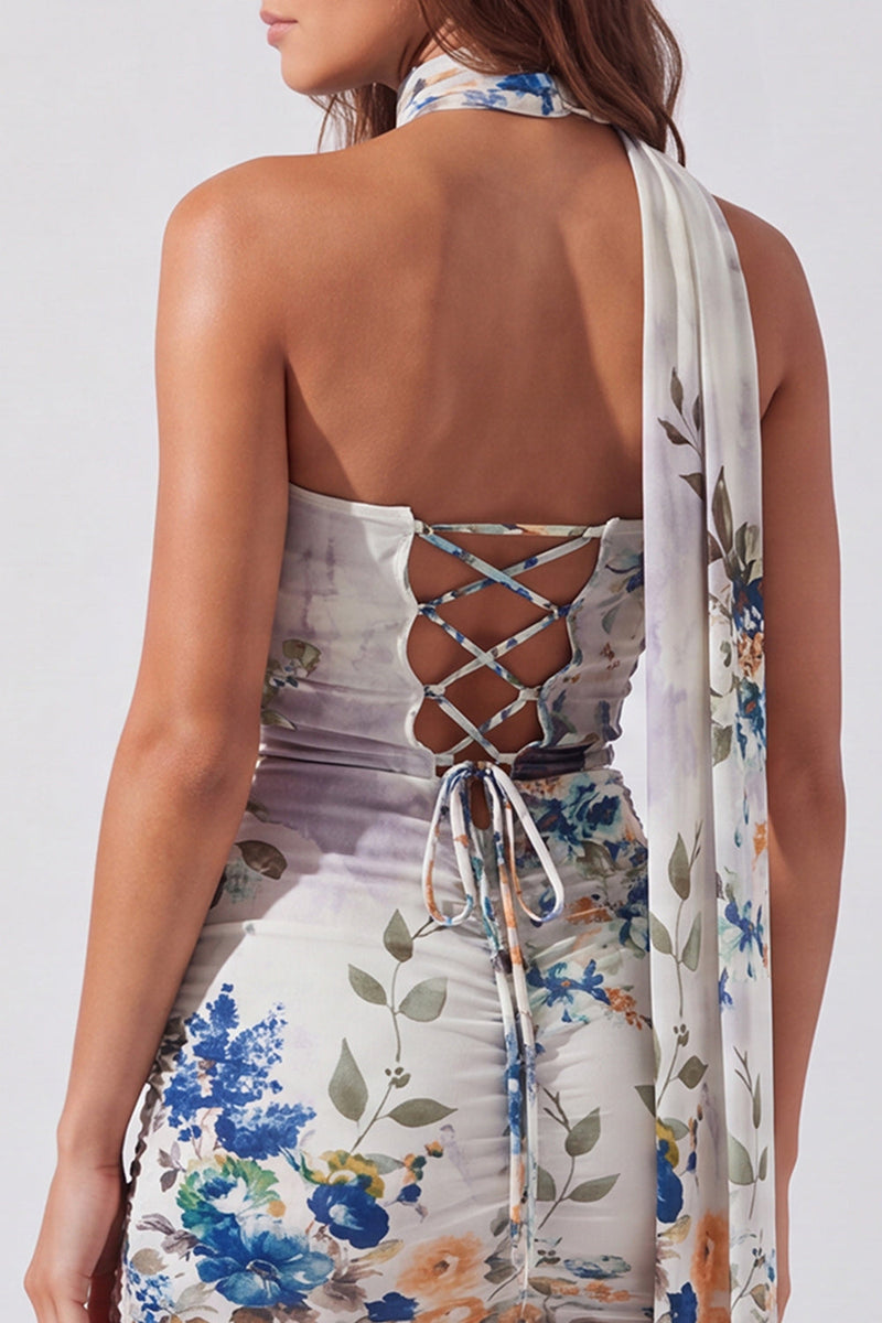 Load image into Gallery viewer, Floral Ivory Neck Scarf Strapless Tight Short Cocktail Dress
