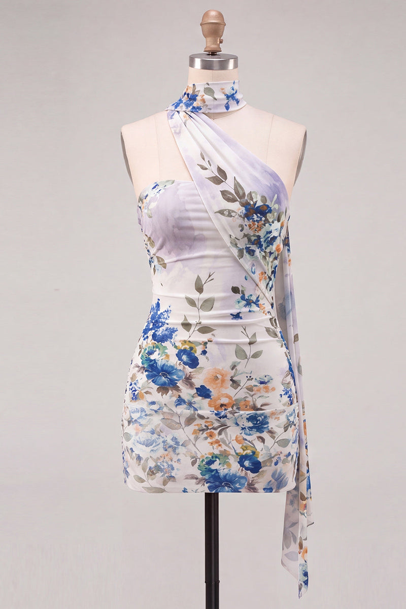 Load image into Gallery viewer, Floral Ivory Neck Scarf Strapless Tight Short Cocktail Dress