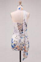 Load image into Gallery viewer, Floral Ivory Neck Scarf Strapless Tight Short Cocktail Dress