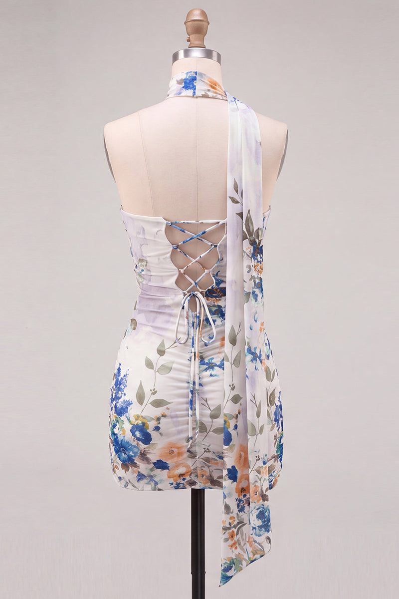 Load image into Gallery viewer, Floral Ivory Neck Scarf Strapless Tight Short Cocktail Dress