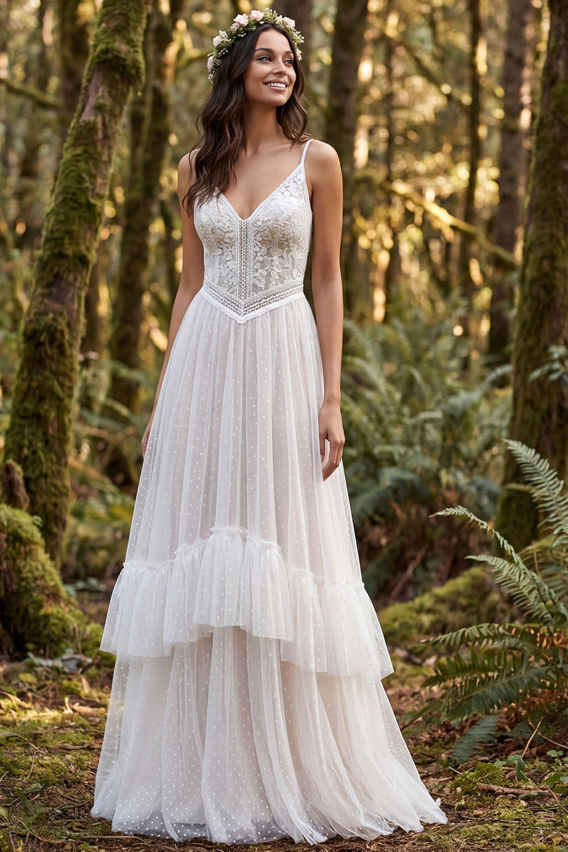 Load image into Gallery viewer, Ivory Polka Dots Ruffled A-Line Sweep Train Boho Wedding Dress