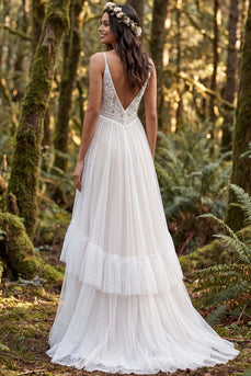 Ivory Polka Dots Ruffled A-Line Sweep Train Boho Wedding Dress