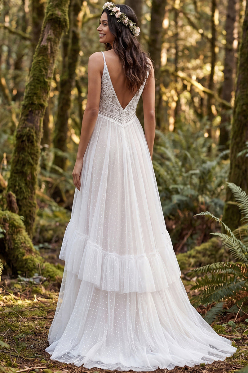 Load image into Gallery viewer, Ivory Polka Dots Ruffled A-Line Sweep Train Boho Wedding Dress