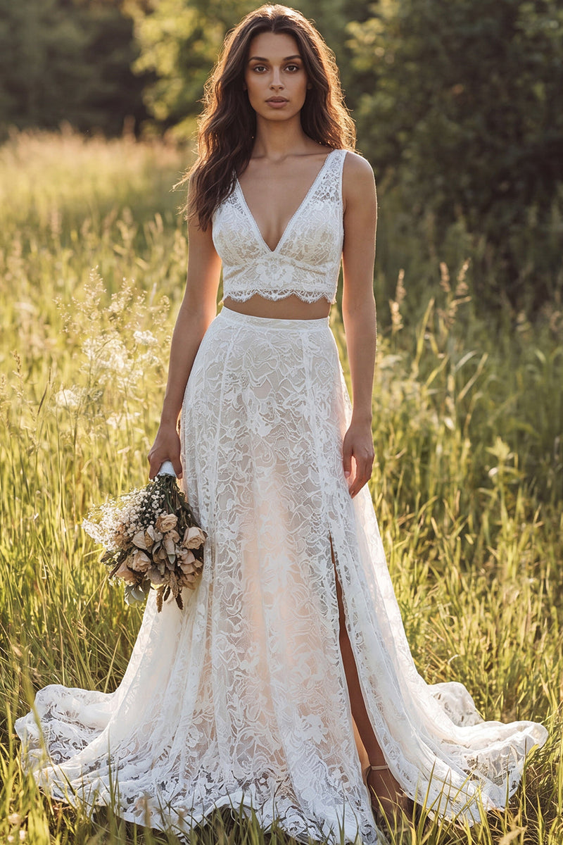 Load image into Gallery viewer, Ivory A-Line Lace 2-Piece Sweep Train Boho Wedding Dress with Slit