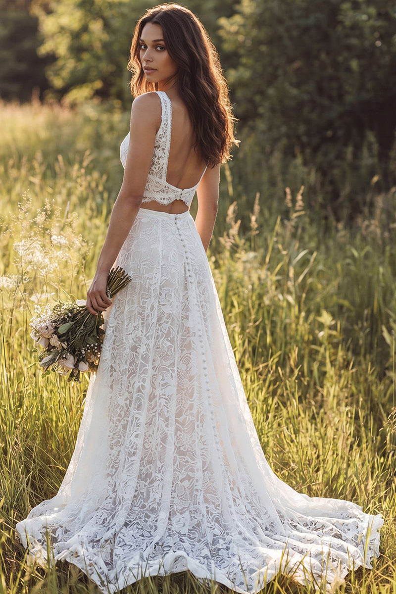 Load image into Gallery viewer, Ivory A-Line Lace 2-Piece Sweep Train Boho Wedding Dress with Slit
