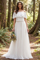 Load image into Gallery viewer, Ivory Off the Shoulder Lace Polka Dots Sweep Train Boho Wedding Dress