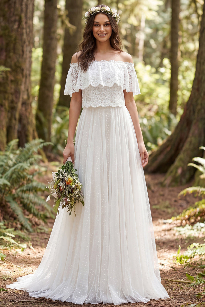 Load image into Gallery viewer, Ivory Off the Shoulder Lace Polka Dots Sweep Train Boho Wedding Dress