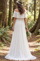 Load image into Gallery viewer, Ivory Off the Shoulder Lace Polka Dots Sweep Train Boho Wedding Dress