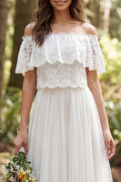 Load image into Gallery viewer, Ivory Off the Shoulder Lace Polka Dots Sweep Train Boho Wedding Dress