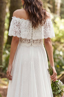 Load image into Gallery viewer, Ivory Off the Shoulder Lace Polka Dots Sweep Train Boho Wedding Dress
