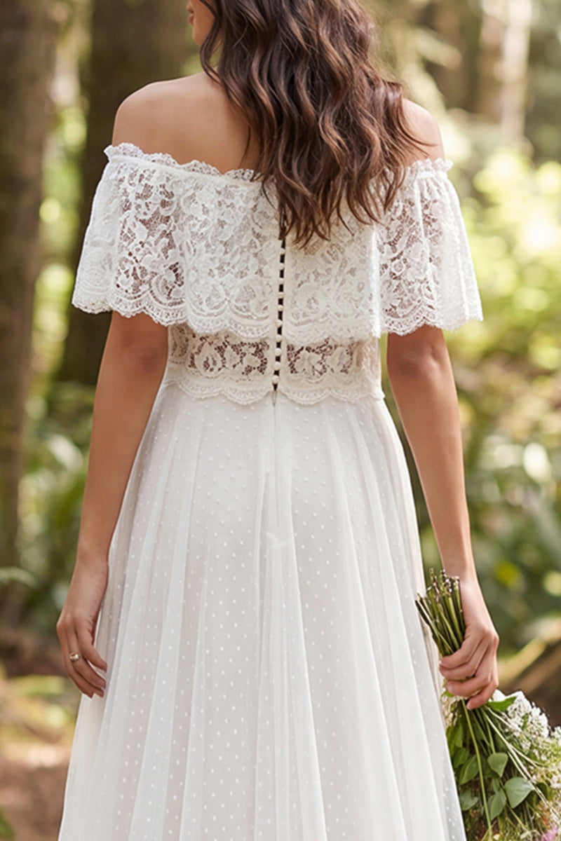 Load image into Gallery viewer, Ivory Off the Shoulder Lace Polka Dots Sweep Train Boho Wedding Dress
