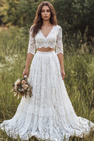 Load image into Gallery viewer, Ivory 2-Piece Lace V-Neck Sweep Train Boho Wedding Dress with Sleeves