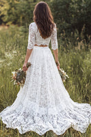 Load image into Gallery viewer, Ivory 2-Piece Lace V-Neck Sweep Train Boho Wedding Dress with Sleeves
