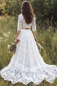 Ivory 2-Piece Lace V-Neck Sweep Train Boho Wedding Dress with Sleeves