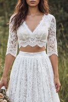 Load image into Gallery viewer, Ivory 2-Piece Lace V-Neck Sweep Train Boho Wedding Dress with Sleeves
