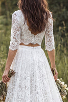 Load image into Gallery viewer, Ivory 2-Piece Lace V-Neck Sweep Train Boho Wedding Dress with Sleeves
