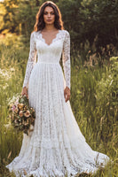 Load image into Gallery viewer, Ivory A-Line Ruffled Lace Sweep Train Boho Wedding Dress with Sleeves