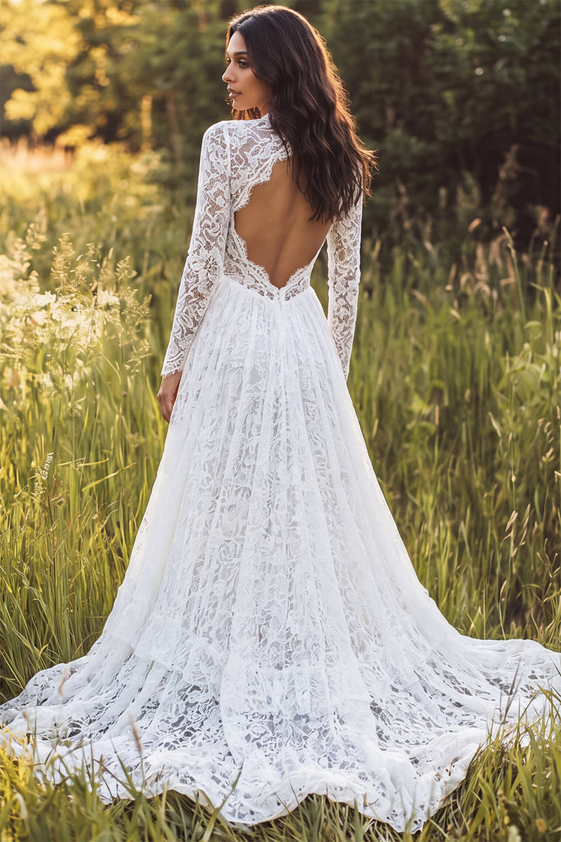 Load image into Gallery viewer, Ivory A-Line Ruffled Lace Sweep Train Boho Wedding Dress with Sleeves