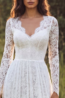 Load image into Gallery viewer, Ivory A-Line Ruffled Lace Sweep Train Boho Wedding Dress with Sleeves