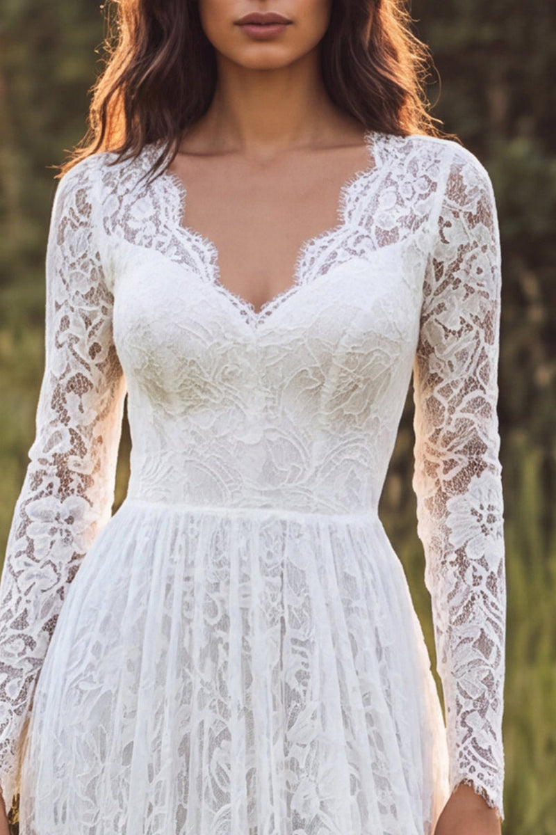 Load image into Gallery viewer, Ivory A-Line Ruffled Lace Sweep Train Boho Wedding Dress with Sleeves