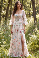 Load image into Gallery viewer, Ivory A Line Corset Floral Sweep Train Boho Wedding Dress with Slit