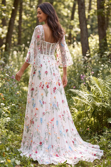 Ivory A Line Corset Floral Sweep Train Boho Wedding Dress with Slit
