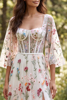 Load image into Gallery viewer, Ivory A Line Corset Floral Sweep Train Boho Wedding Dress with Slit