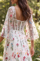 Load image into Gallery viewer, Ivory A Line Corset Floral Sweep Train Boho Wedding Dress with Slit