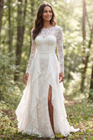 Load image into Gallery viewer, Ivory Lace Boat Neck Ruffled Sweep Train Boho Wedding Dress with Slit