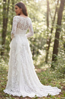 Load image into Gallery viewer, Ivory Lace Boat Neck Ruffled Sweep Train Boho Wedding Dress with Slit