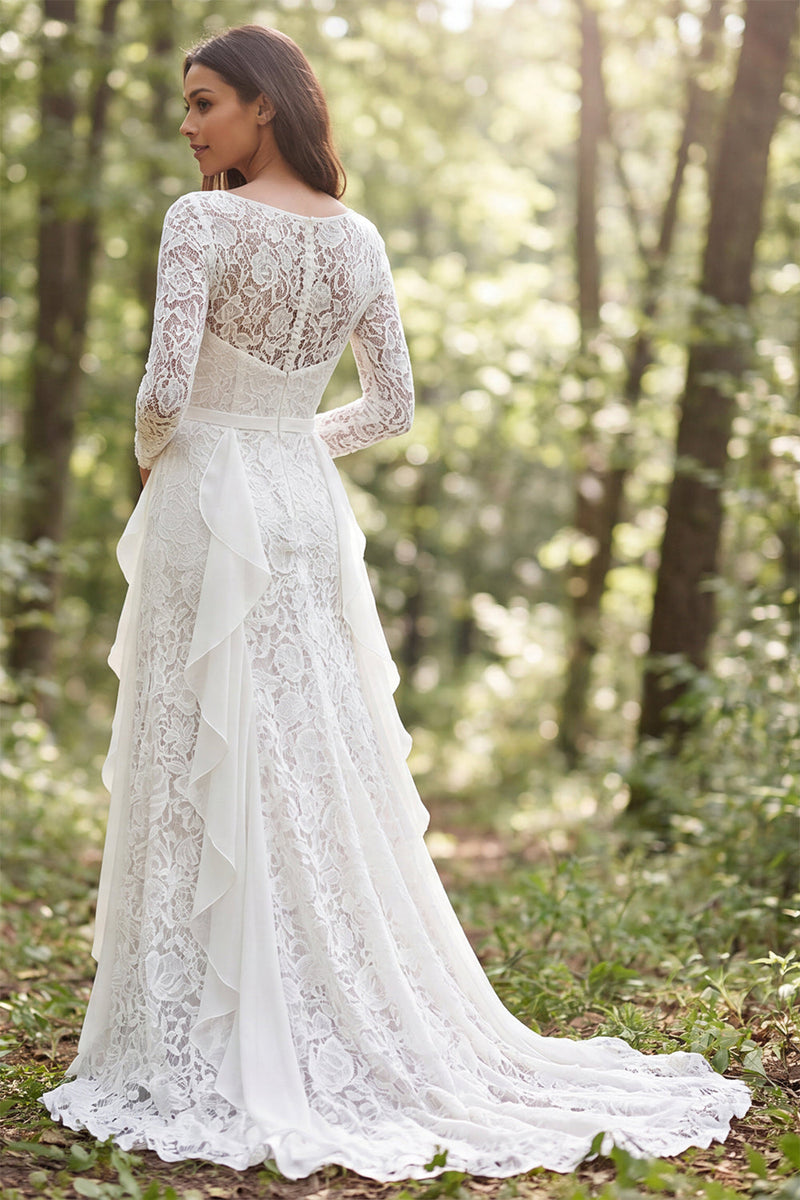 Load image into Gallery viewer, Ivory Lace Boat Neck Ruffled Sweep Train Boho Wedding Dress with Slit
