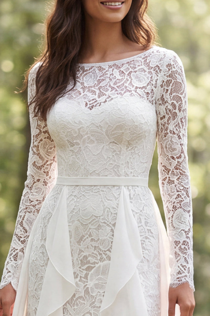 Load image into Gallery viewer, Ivory Lace Boat Neck Ruffled Sweep Train Boho Wedding Dress with Slit