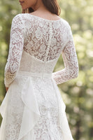 Load image into Gallery viewer, Ivory Lace Boat Neck Ruffled Sweep Train Boho Wedding Dress with Slit